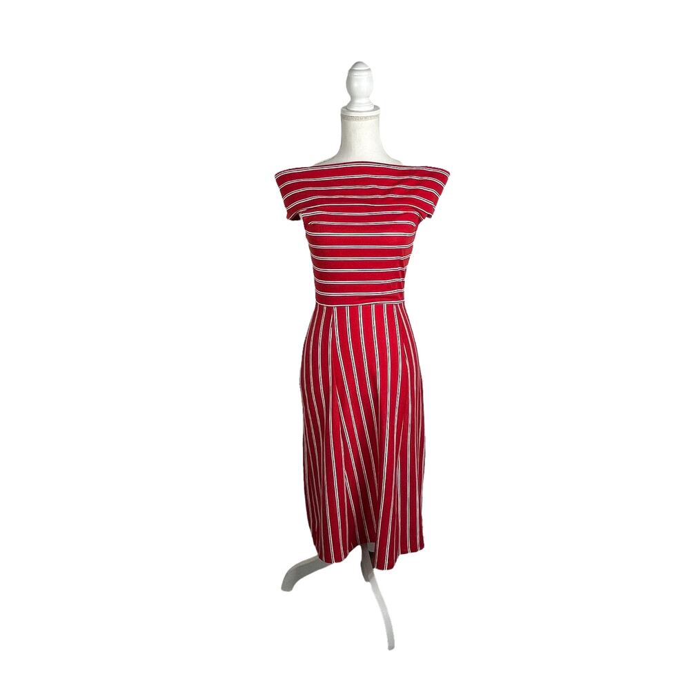 WAYF Women's Off-the-Shoulder Red Striped Midi Dress Size Small‎